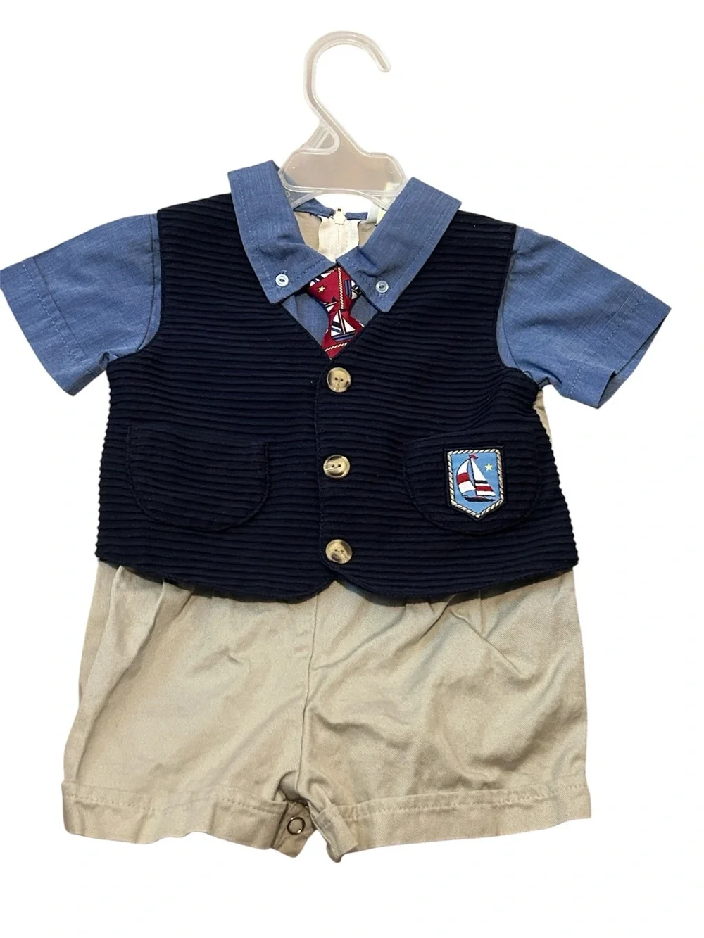 Vintage Baby Togs Boy’s Nautical One Piece with Tie & Vest Sailboats Preppy 12M